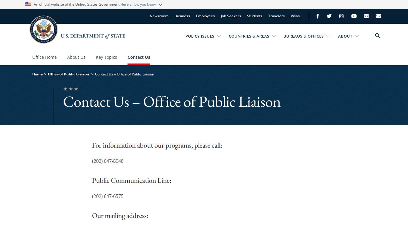 Contact Us - Office of Public Liaison - United States Department of State