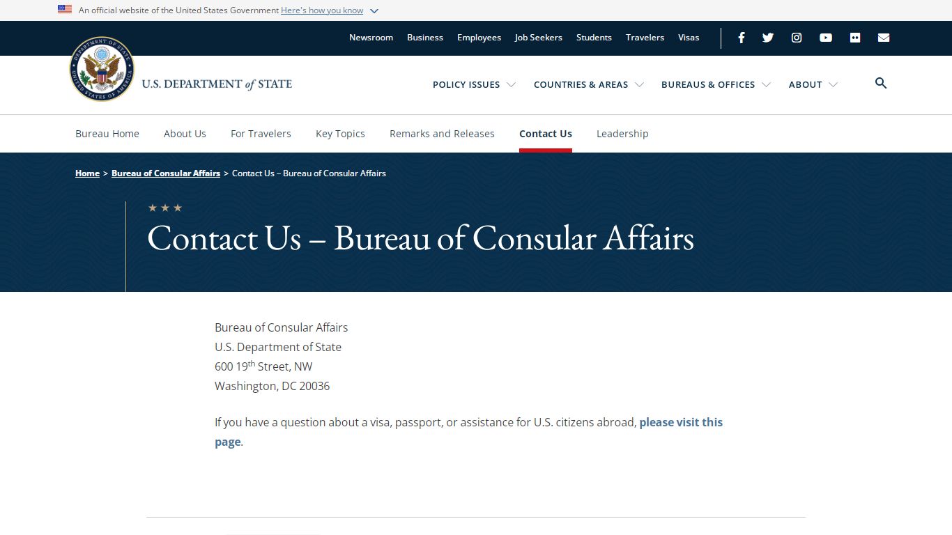 Contact Us – Bureau of Consular Affairs - United States Department of State